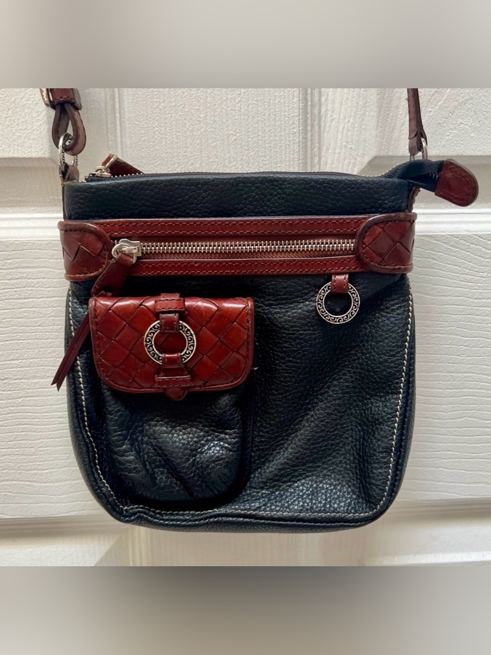 Brighton Black and Brown Leather Crossbody Bag with Silver Detail